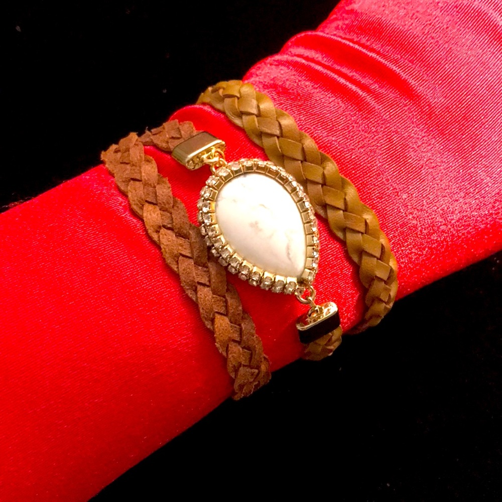 WHBM braided leather bracelet or necklace Boho vibes brown leather crystal stone